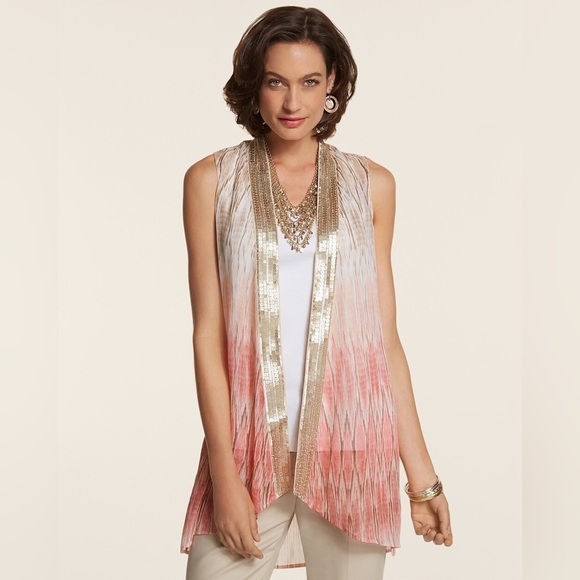 Chico’s Sheer Embellished Python Print Vest in Calliandra Pink Womens Size Large - Picture 1 of 13